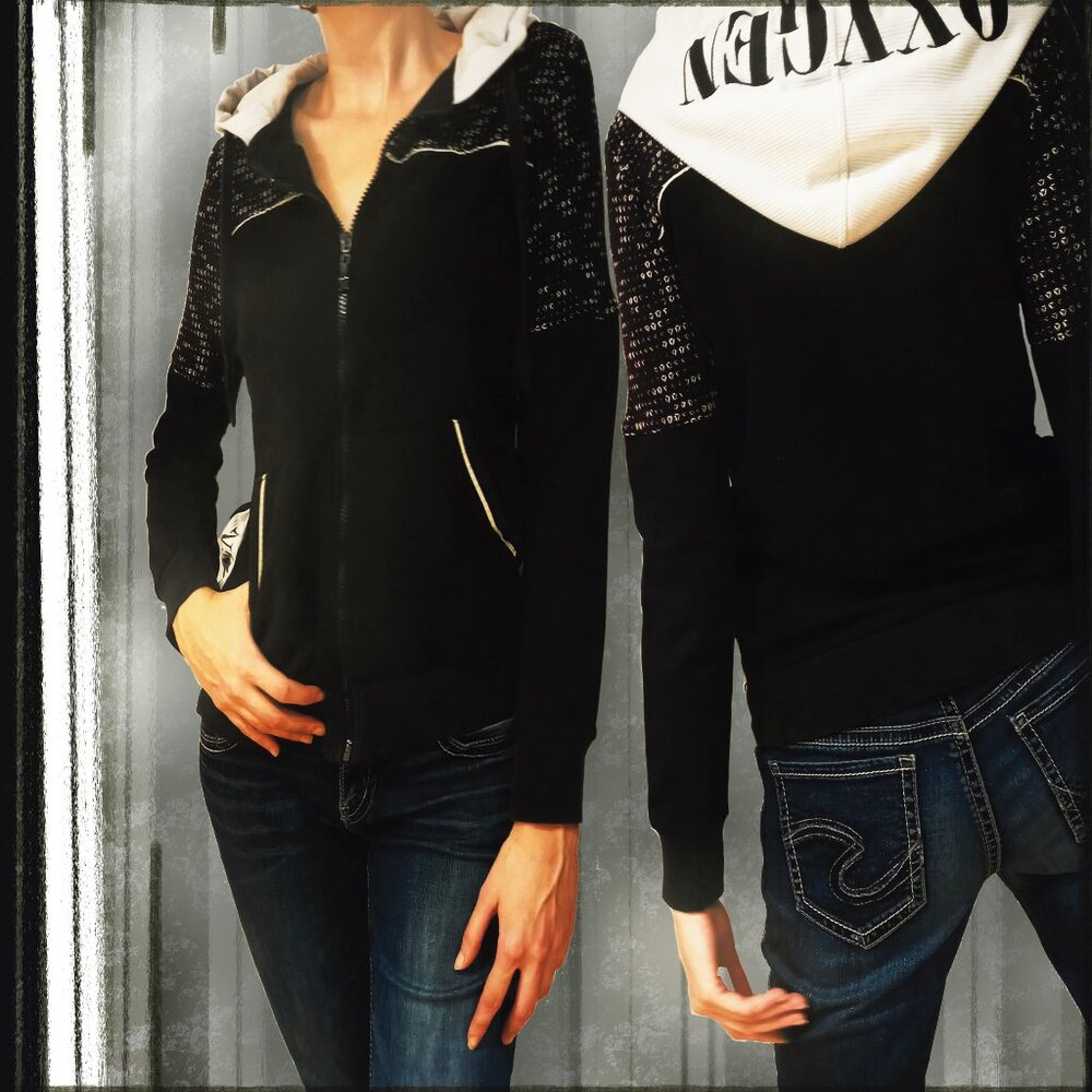 Classic Black and White Oxygen Winter Zip-Up Hoodie | Streetwear Athleisure